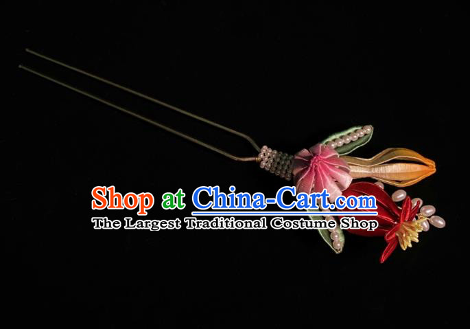 Chinese Handmade Silk Flowers Hair Stick Traditional Song Dynasty Princess Pearls Hairpin