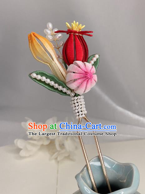Chinese Handmade Silk Flowers Hair Stick Traditional Song Dynasty Princess Pearls Hairpin