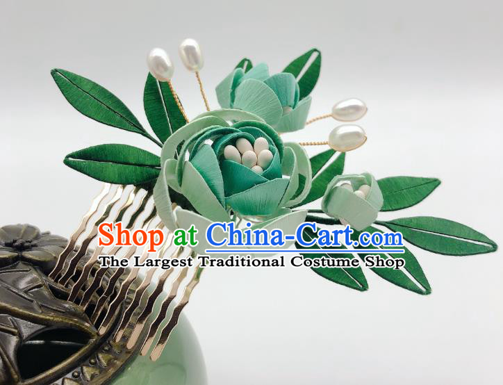 Chinese Traditional Ming Dynasty Princess Hair Stick Handmade Green Rose Hair Comb