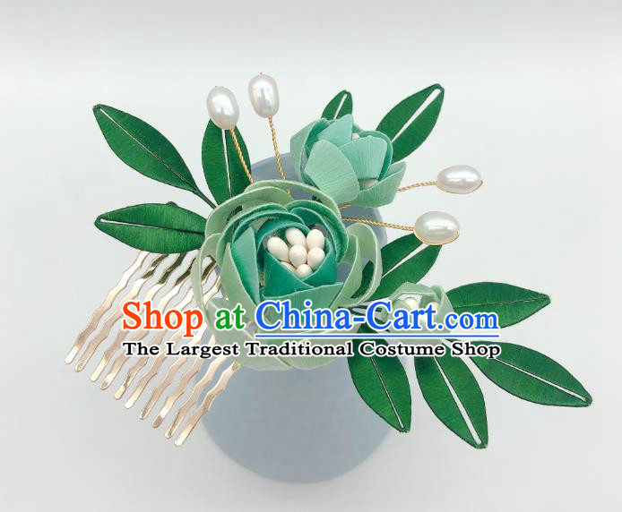 Chinese Traditional Ming Dynasty Princess Hair Stick Handmade Green Rose Hair Comb