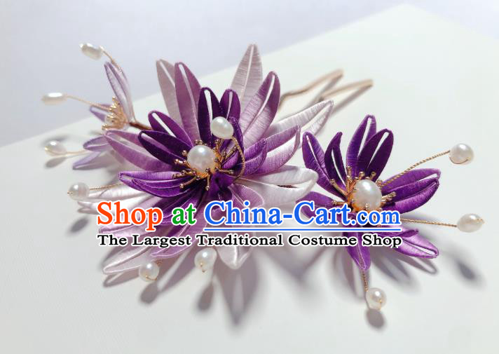 Chinese Traditional Qing Dynasty Palace Lady Hair Stick Handmade Purple Silk Epiphyllum Hairpin