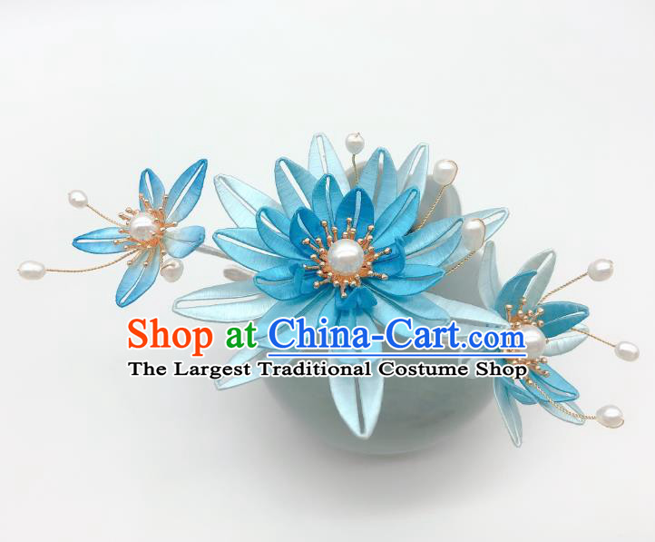 Chinese Handmade Blue Silk Epiphyllum Hairpin Traditional Song Dynasty Court Princess Hair Stick
