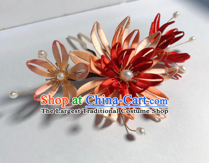 Chinese Traditional Song Dynasty Epiphyllum Hair Stick Handmade Red Silk Flowers Hairpin