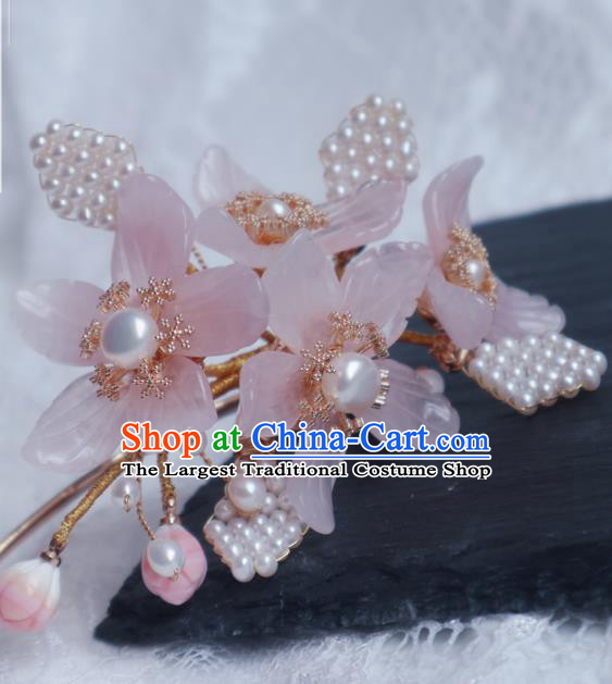 Chinese Handmade Pearls Hair Stick Traditional Ming Dynasty Princess Pink Mangnolia Hairpin