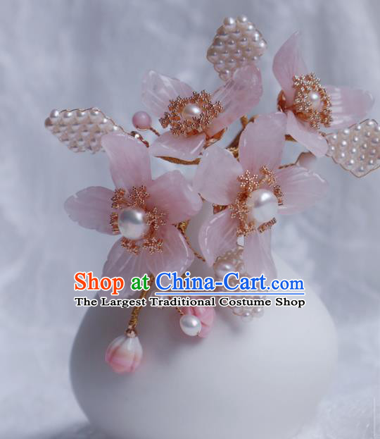 Chinese Handmade Pearls Hair Stick Traditional Ming Dynasty Princess Pink Mangnolia Hairpin