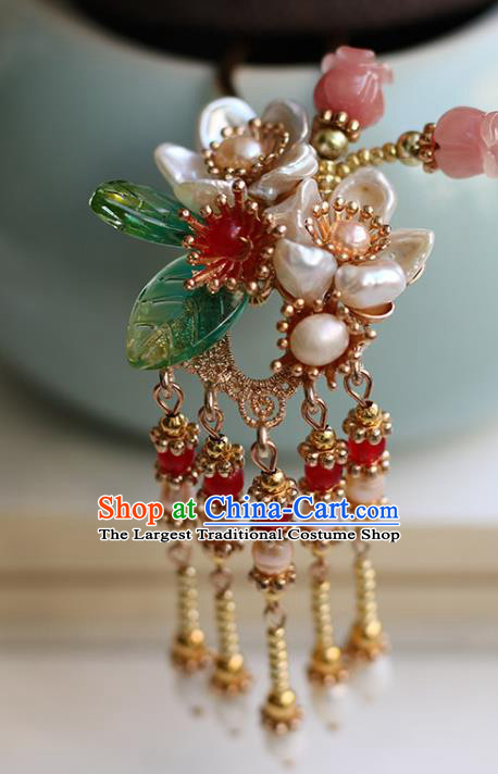 Chinese Handmade Pearls Tassel Hair Comb Traditional Ming Dynasty Princess Shell Flowers Hairpin
