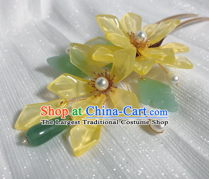 Chinese Handmade Hanfu Hairpin Traditional Ming Dynasty Palace Lady Yellow Flowers Hair Stick