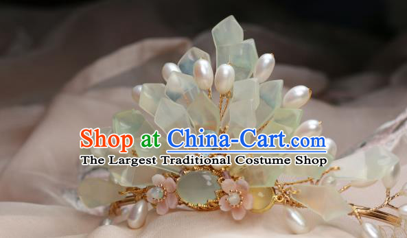 Chinese Handmade Pearls Hairpin Traditional Ming Dynasty Palace Lady Hair Crown