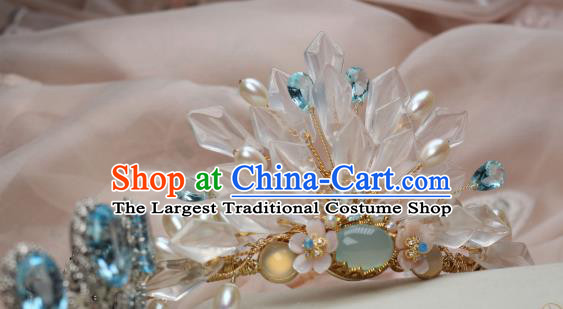 Chinese Handmade White Crystal Hairpin Traditional Ming Dynasty Palace Lady Chalcedony Hair Crown