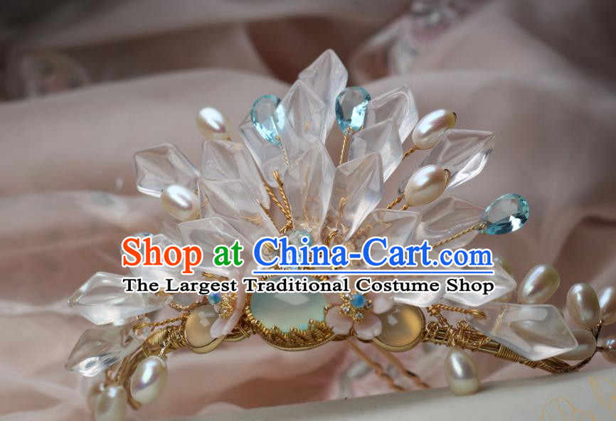 Chinese Handmade White Crystal Hairpin Traditional Ming Dynasty Palace Lady Chalcedony Hair Crown