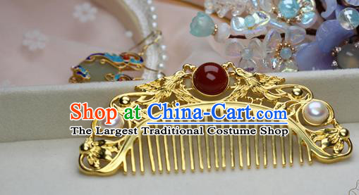 Chinese Handmade Agate Pearls Hairpin Traditional Ming Dynasty Empress Golden Hair Comb