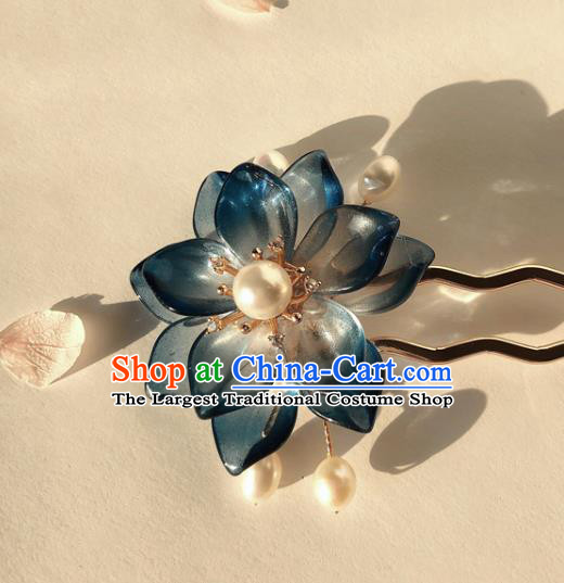 Chinese Handmade Pearls Hairpin Traditional Ming Dynasty Palace Lady Navy Lotus Hair Stick