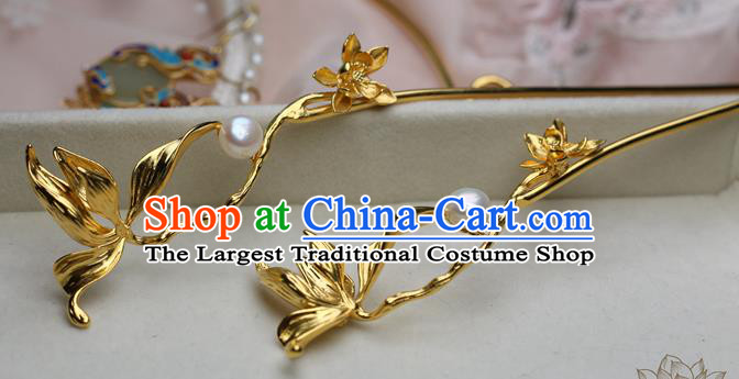 Chinese Handmade Pearls Hairpin Traditional Ming Dynasty Golden Orchid Hair Stick