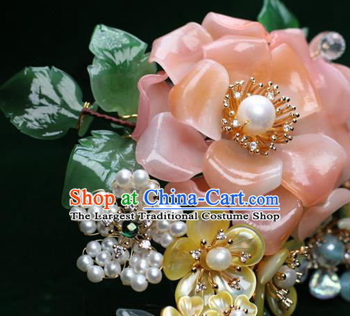 Chinese Handmade Shell Plum Hairpin Traditional Ming Dynasty Pink Rose Hair Stick