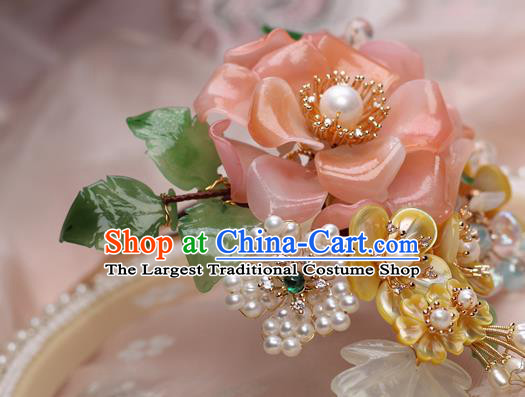Chinese Handmade Shell Plum Hairpin Traditional Ming Dynasty Pink Rose Hair Stick