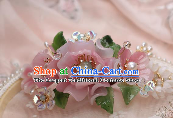 Chinese Handmade Ming Dynasty Pink Peony Hairpin Traditional Plastic Flowers Hair Stick