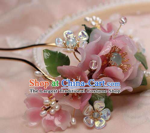Chinese Handmade Ming Dynasty Pink Peony Hairpin Traditional Plastic Flowers Hair Stick