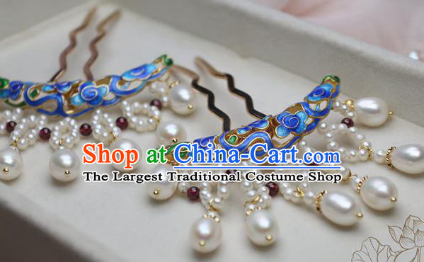 Chinese Handmade Qing Dynasty Blueing Hairpin Traditional Ancient Imperial Consort Pearls Tassel Hair Stick