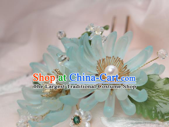 Chinese Handmade Ming Dynasty Hairpin Traditional Ancient Princess Blue Chrysanthemum Hair Stick