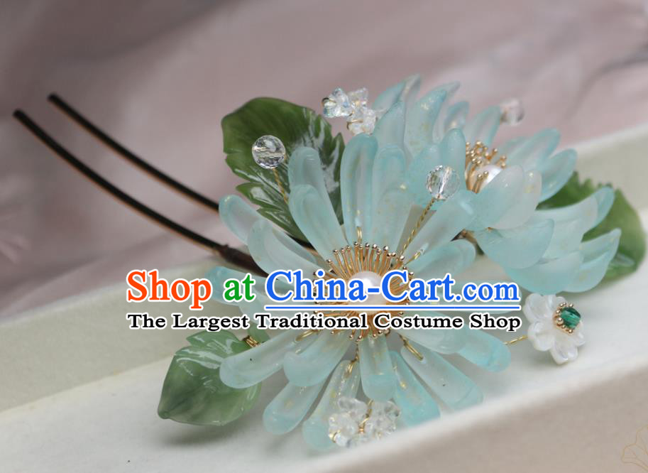 Chinese Handmade Ming Dynasty Hairpin Traditional Ancient Princess Blue Chrysanthemum Hair Stick