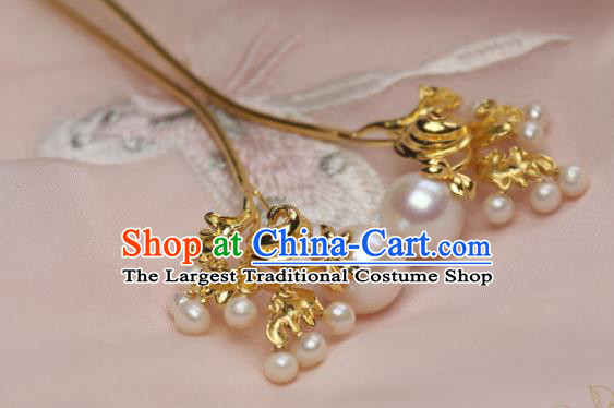 Chinese Handmade Tang Dynasty Golden Hairpin Traditional Ancient Princess Pearls Hair Stick Headpiece