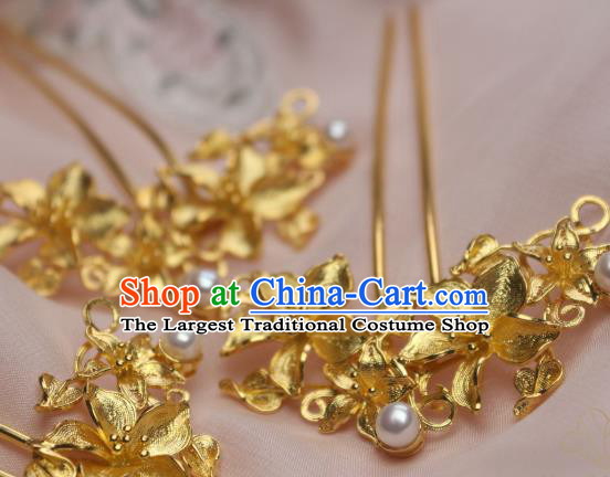 Chinese Traditional Ancient Princess Hair Stick Headpiece Handmade Tang Dynasty Golden Peach Flowers Hairpin