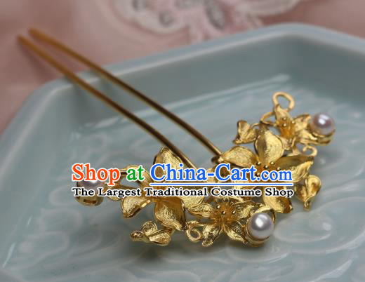 Chinese Traditional Ancient Princess Hair Stick Headpiece Handmade Tang Dynasty Golden Peach Flowers Hairpin