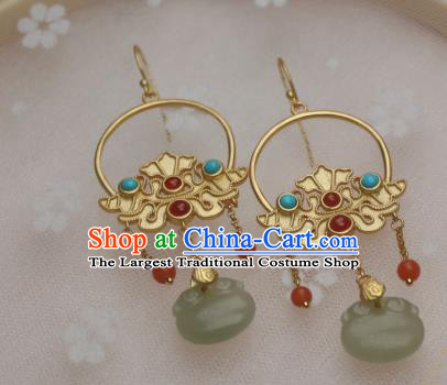 China Traditional Cheongsam Golden Earrings Ancient Princess Jade Agate Ear Jewelry