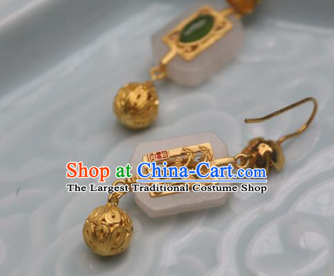 China Traditional Cheongsam White Jade Earrings Ancient Princess Golden Ear Jewelry