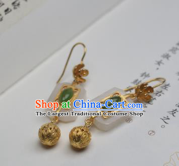 China Traditional Cheongsam White Jade Earrings Ancient Princess Golden Ear Jewelry