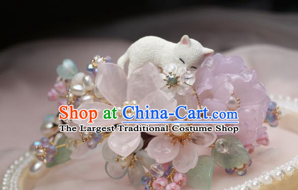Chinese Handmade Rose Quartz Hairpin Traditional Ancient Princess Sakura Hair Stick