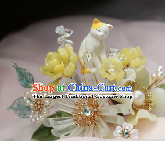 Chinese Handmade Cat Hairpin Traditional Ancient Princess Chrysanthemum Hair Stick Headpiece