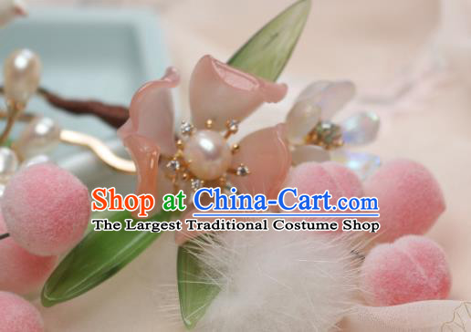 Chinese Handmade Peach Flower Hairpin Traditional Ancient Princess Pearls Hair Stick
