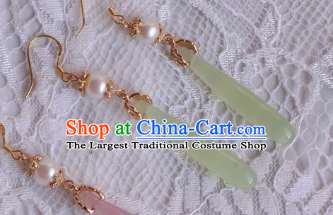 China Traditional Hanfu Green Earrings Ancient Ming Dynasty Princess Pearl Eardrop Jewelry