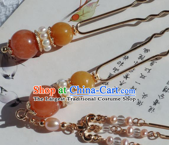 Chinese Handmade Agate Hairpin Traditional Tang Dynasty Noble Princess Pearls Tassel Hair Stick