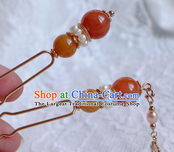 Chinese Handmade Agate Hairpin Traditional Tang Dynasty Noble Princess Pearls Tassel Hair Stick