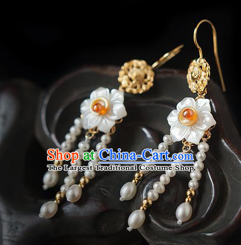 China Traditional Hanfu Pearls Tassel Earrings Ancient Ming Dynasty Princess Shell Daffodil Ear Jewelry