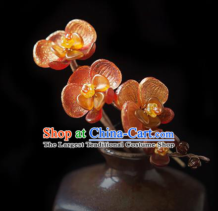 Chinese Handmade Red Phalaenopsis Hair Stick Traditional Ming Dynasty Princess Flowers Hairpin