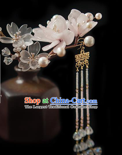 Chinese Handmade Beads Tassel Hair Stick Traditional Ming Dynasty Princess Pink Mangnolia Hairpin