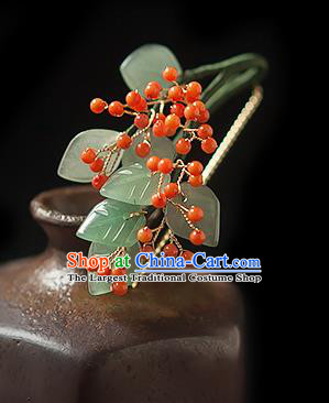 Chinese Handmade Berry Hair Stick Traditional Ming Dynasty Princess Green Leaf Hairpin