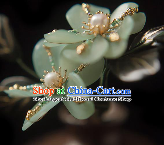 Chinese Handmade Hair Stick Traditional Song Dynasty Princess Green Peach Blossom Hairpin