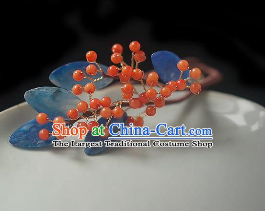 Chinese Handmade Red Berry Hair Stick Traditional Ming Dynasty Princess Blue Leaf Hairpin