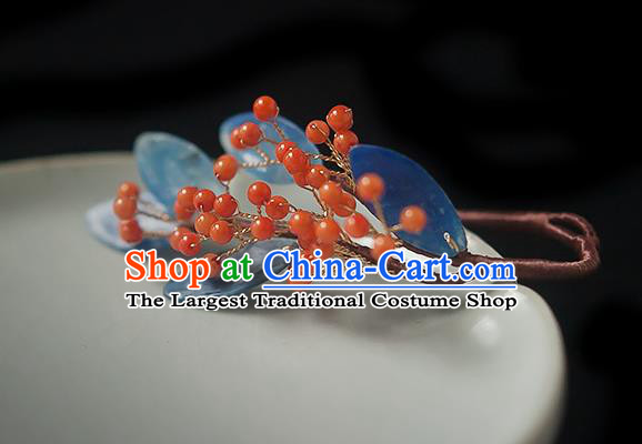 Chinese Handmade Red Berry Hair Stick Traditional Ming Dynasty Princess Blue Leaf Hairpin