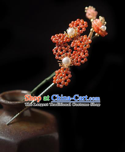 Chinese Handmade Mulberry Hair Stick Traditional Song Dynasty Princess Red Beads Hairpin