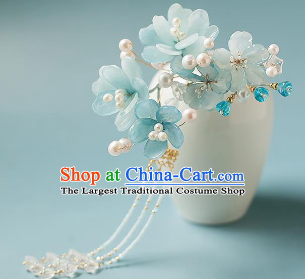 Chinese Handmade Blue Flowers Hair Stick Traditional Tang Dynasty Princess Tassel Hairpin