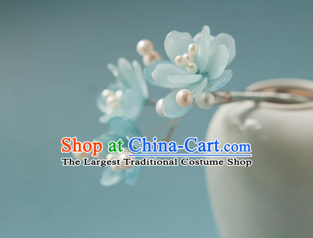 Chinese Handmade Blue Flowers Hair Stick Traditional Tang Dynasty Princess Tassel Hairpin