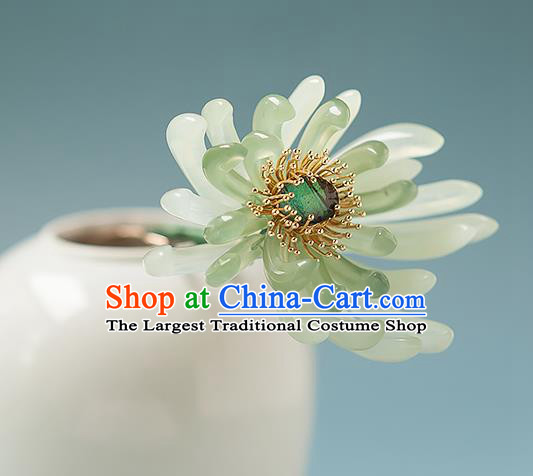 Chinese Handmade Hair Stick Traditional Ming Dynasty Empress Green Chrysanthemum Hairpin
