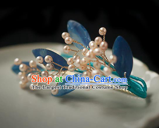 Chinese Handmade Blue Leaf Hair Stick Traditional Ming Dynasty Princess Pearls Hairpin