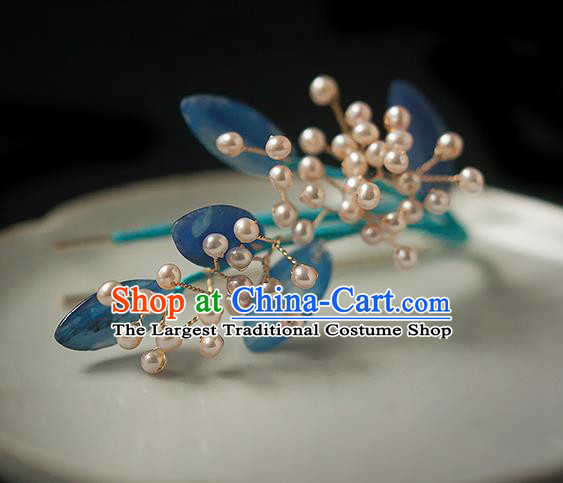 Chinese Handmade Blue Leaf Hair Stick Traditional Ming Dynasty Princess Pearls Hairpin