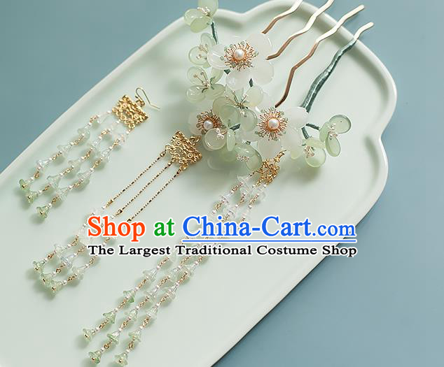 Chinese Handmade Green Flowers Hair Stick Traditional Tang Dynasty Princess Tassel Hairpin